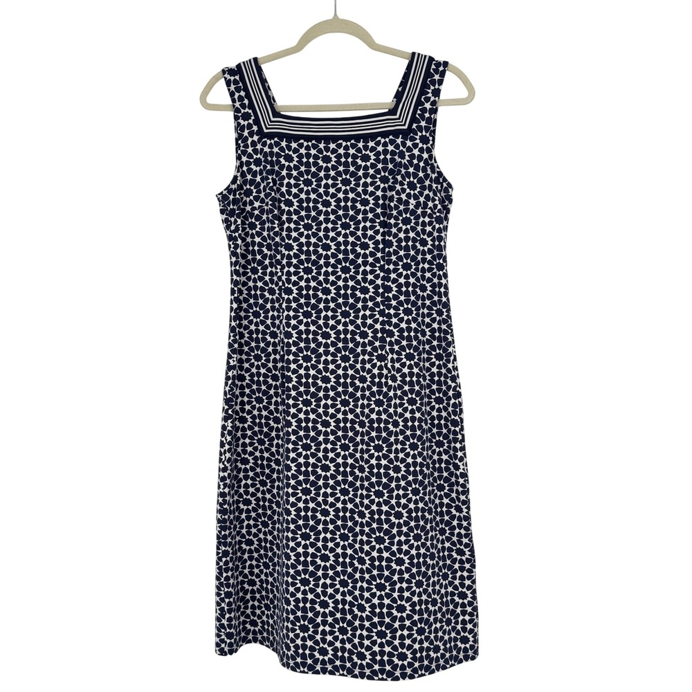 Talbots Navy White Geometric Sleeveless Midi Dress Stretch Small Casual‎ Work